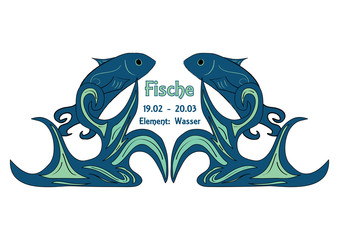 Design: Sternzeichen Fische, Text in deutsch: Fische, Datum, Element:Wasser. Vektorgrafik Eps10