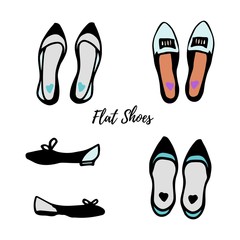 Colored ink sketch. Women's shoes collection: flats. Vector illustration