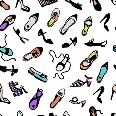 Woman's shoes seamless pattern. Vector illustration. flats, pumps, heels, wedges, sandals, flatform, mules.