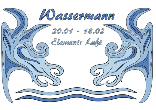 Design: Sternzeichen Wassermann, Text in deutsch: Wassermann, Datum, Element:Luft. Vektorgrafik Eps10