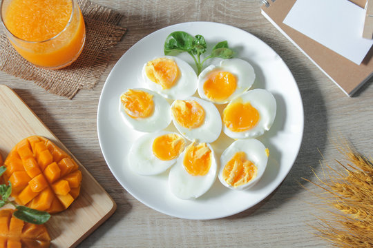 boiled egg for breakfast with orange juice and mango