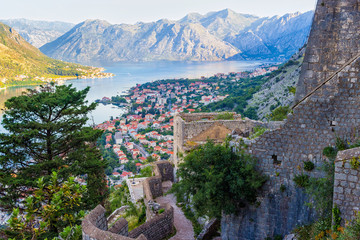 View from above on the old city Kotor, boka-kotor bay in Adriatic sea and mountains, Montenegro....