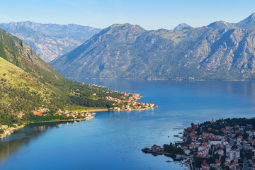 View from above on the old city Kotor, boka-kotor bay in Adriatic sea and mountains, Montenegro. sunrise, gorgeous nature landscape