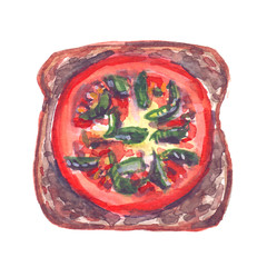 Top view of open vegetable sandwich: tomato and green basil on a slice of toasted rye bread. Food illustration painted in watercolor on clean white background  