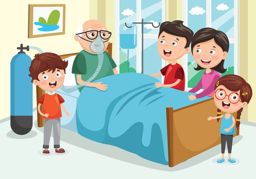 Vector Illustration Of Family Visit Grandfather At Hospital