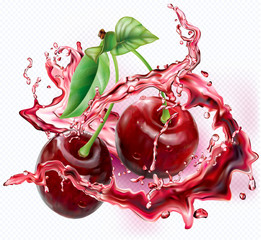 Cherry into of burst splashes of juices