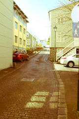 A street in central part of Reykjavik, Iceland with a retro view