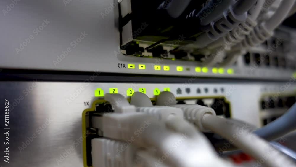 Poster led port status is blink. network gigabit switch for high speed network in data center room. rj45 ja