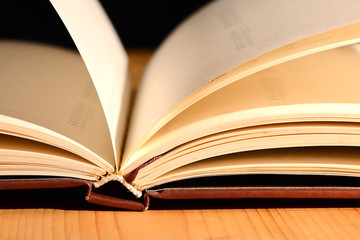 Book was open on wooden table and black background.