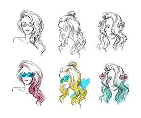 Set of hand drawn hairstyles, vector sketch. Fashion illustration.
