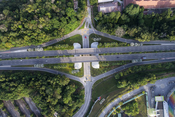 Kuala Lumpur city highway intersection aerial view at sunset, Malaysia