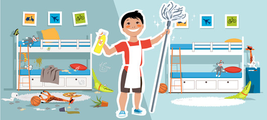 Little boy with a mop and cleaning tools in front of a children bedroom before and after cleaning, EPS vector illustration