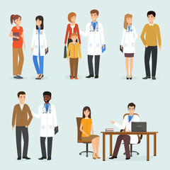Fototapeta premium Medical doctors with their patients in different situations. Five medicine situations with different people