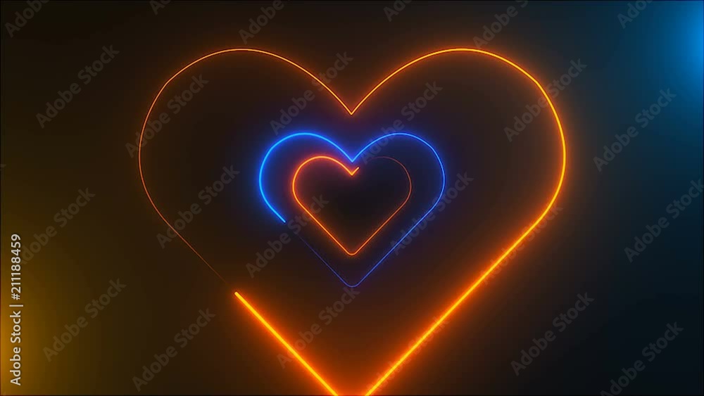 Poster many neon heart shapes in space, abstract computer generated backdrop, 3d rendering backdround