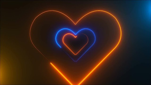 Many neon heart shapes in space, abstract computer generated backdrop, 3D rendering backdround