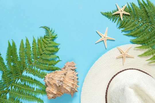 seashell, straw hat leaves on a blue background flat top view with copy space, concept of leisure and tourism