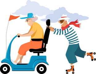 Elderly woman driving a mobility scooter, her male companion roller skating behind her, EPS 8 vector illustration