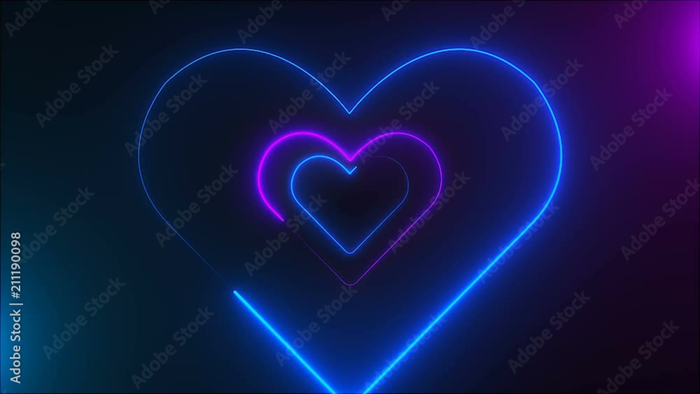 Poster many neon heart shapes in space, abstract computer generated backdrop, 3d rendering backdround