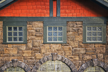 Stone Block Building with glass block windows & red shingles (171962BAND8RF)