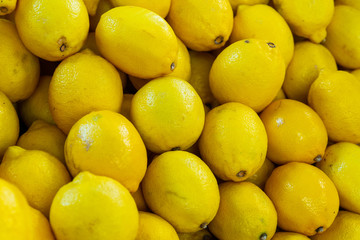 Ripe lemon closeup. Many yellow lemons.