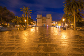 Serrano Towers old city gate in Valencia on night time, Spain, Europe.