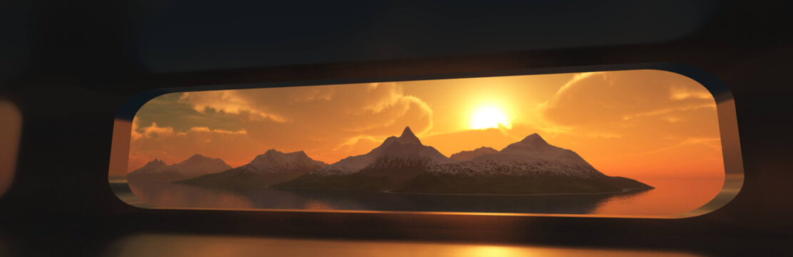Fototapeta Landscape in the window. Panorama of mountains in a window aperture.  3D rendering