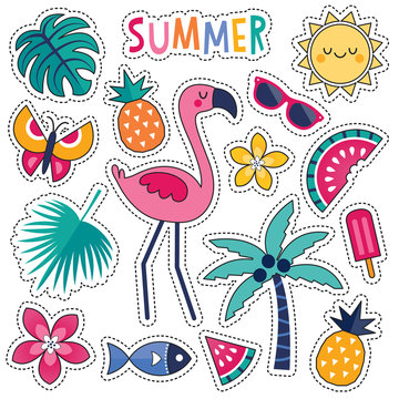 Cartoon style vector summer patches with cute pink flamingo, tropical leaves and flowers, summer fruits and popsicle. Isolated on white, for stickers, pins, badges, embroidery, temporary tattoos.