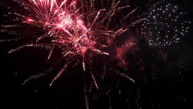 Colorful real fireworks at holiday night in slow motion