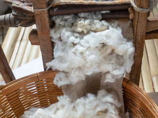 Spinning cotton into thread by hand, white cotton, how to make cotton by hand, Thailand traditional, handmade cotton.