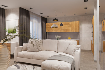 3d render Interior design in Scandinavian style, living room and kitchen