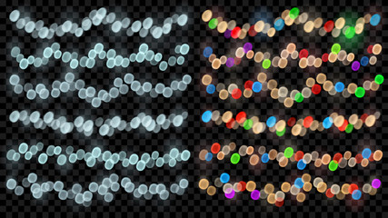 Set of defocused fairy lights in light blue colors and multicolored with bokeh effects