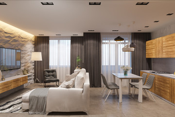 3d render Interior design in Scandinavian style, living room and kitchen