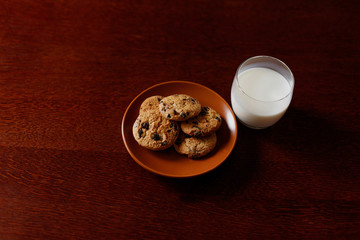 Biscuits on a plate and glass of milk