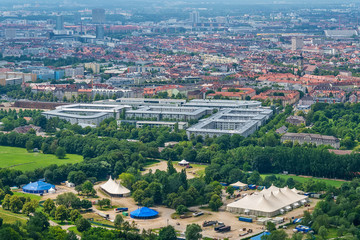 Munich, Germany - June 09, 2018: High angle view over Munich. Panorama of Munich, Germany.