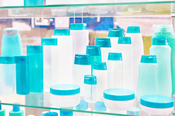 Plastic cosmetic bottles shampoo and jars