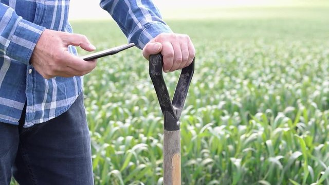 Close Up Of Farmer Leaning On Spade Handle Using Mobile Phone Standing In Crop Field 