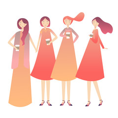 Girls having holding drinking coffee laughing enjoy moment standing together