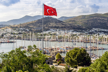 Bodrum, Turkey, 18 May 2010: Bodrum Marina with Turkish Flag