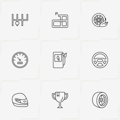 Racing line icon set with speedometer, petrol station  and race route