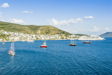 Fototapeta na wymiar Bodrum, Turkey, 18 May 2010: Sailboats at Aegean Sea