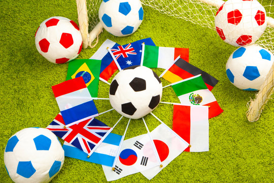 Flag of countries playing football. International football games. Flags of countries around the football sword. Stadium. Football concept.