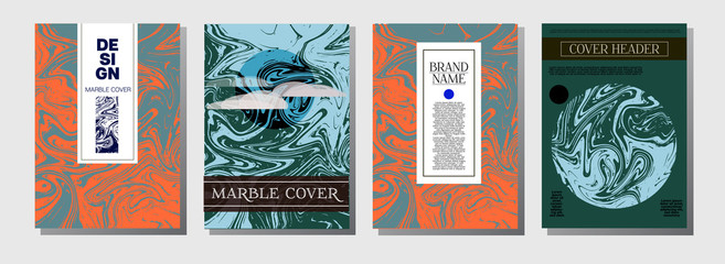 Marble Ink Texture Cover Collection. A4 Vector Liquid Paint Journal Template. Orange, Brown, Green, Trendy Marble Ink Texture Cover Set. Neutral Faded Colors, Hipster Music Poster. Suminagashi Ebru.