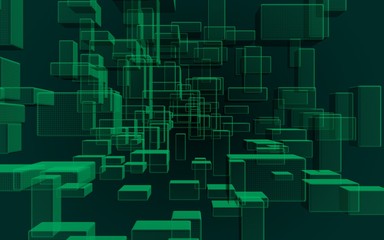 Green and dark abstract digital and technology background. The pattern with repeating rectangles. 3D illustration