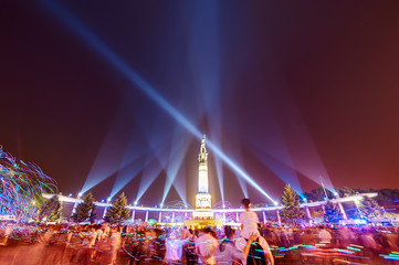 Flood prevention cenotaph lighting show in Harbin city, China.