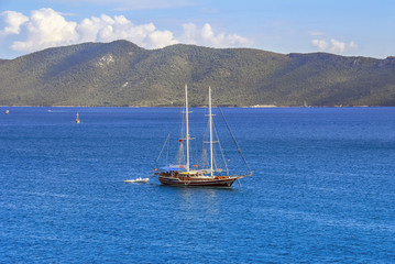 Fototapeta na wymiar Bodrum, Turkey, 19 May 2010: Sailboat at Aegean Sea