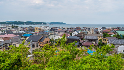 Fototapeta na wymiar Wide angle view over the city and bay of Kamakura Japan