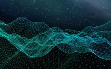 Abstract landscape on a dark background. Star horizon. Cyberspace grid. Hi-tech network. Outer space. Starry outer space texture. 3D illustration