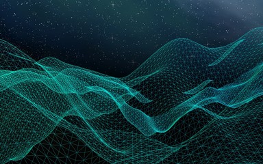 Star horizon. Abstract landscape on a dark background. Cyberspace grid. Hi-tech network. Outer space. Starry outer space texture. 3D illustration