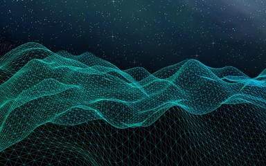 Abstract landscape on a dark background. Star horizon. Cyberspace grid. Hi-tech network. Outer space. Starry outer space texture. 3D illustration