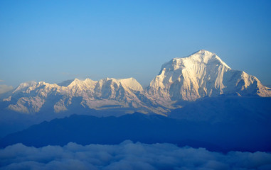 Snowy mountain ridges of the Annapurna Ranges, Himalayas, Nepal.